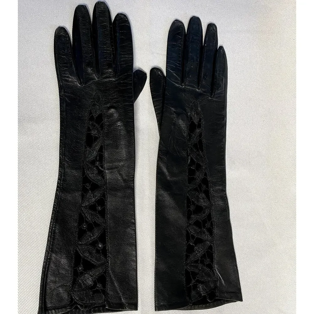 VINTAGE WOMENS LONG BLACK GLOVES SIZE S